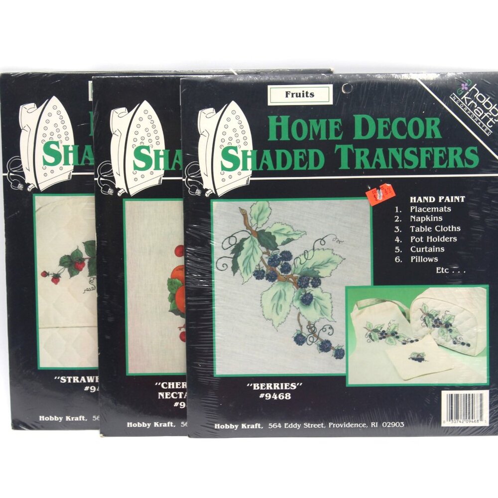 Lot of 3 Hobby Kraft Home Decor Shaded Transfer Kits "Fruits" Series NEW Vintage